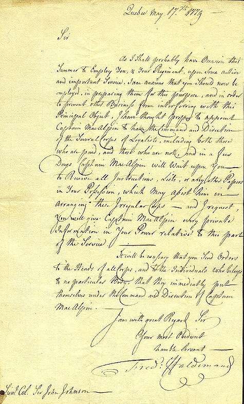 Letter, Haldimand to Johnson